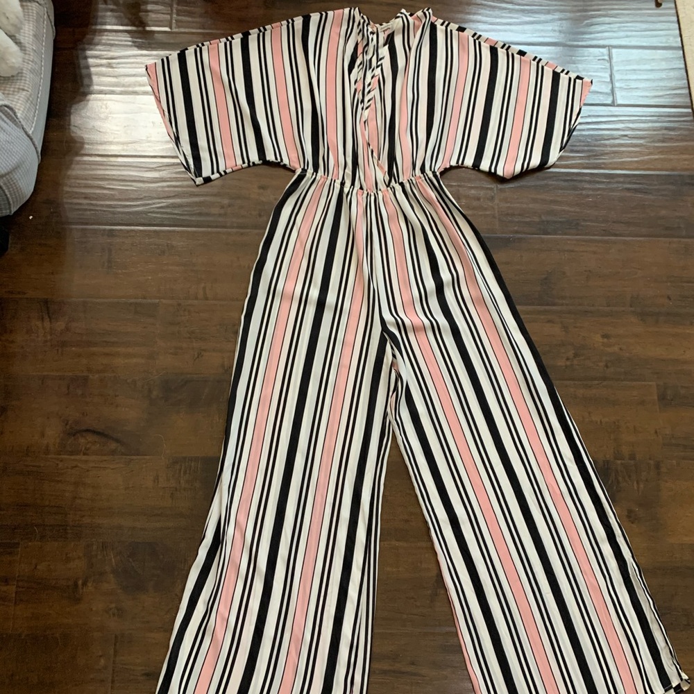 Striped pink white & black jumpsuit